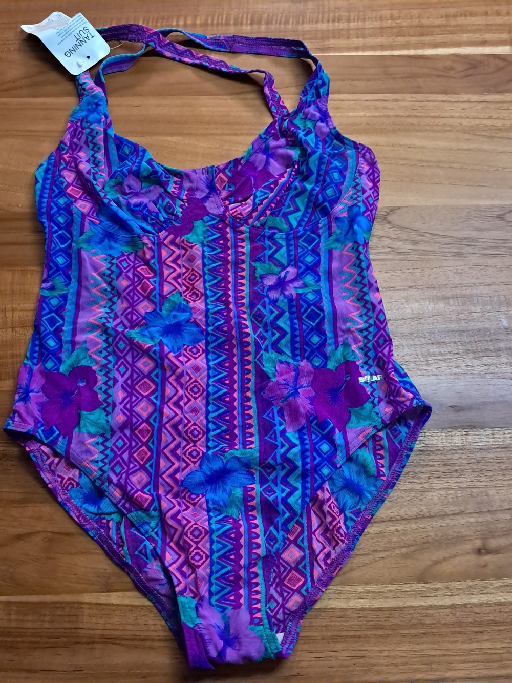 Vtg NWT Solar Tan-Through One Piece Swimsuit Sz 11/12 Geometric Floral Germany